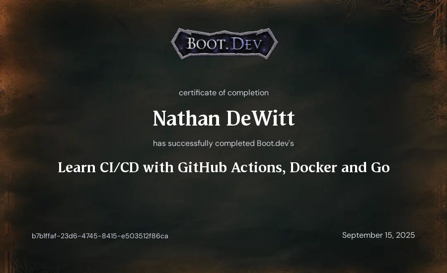 Nathan DeWitt's Boot.dev Learn CI/CD with GitHub Actions, Docker and Go certificate