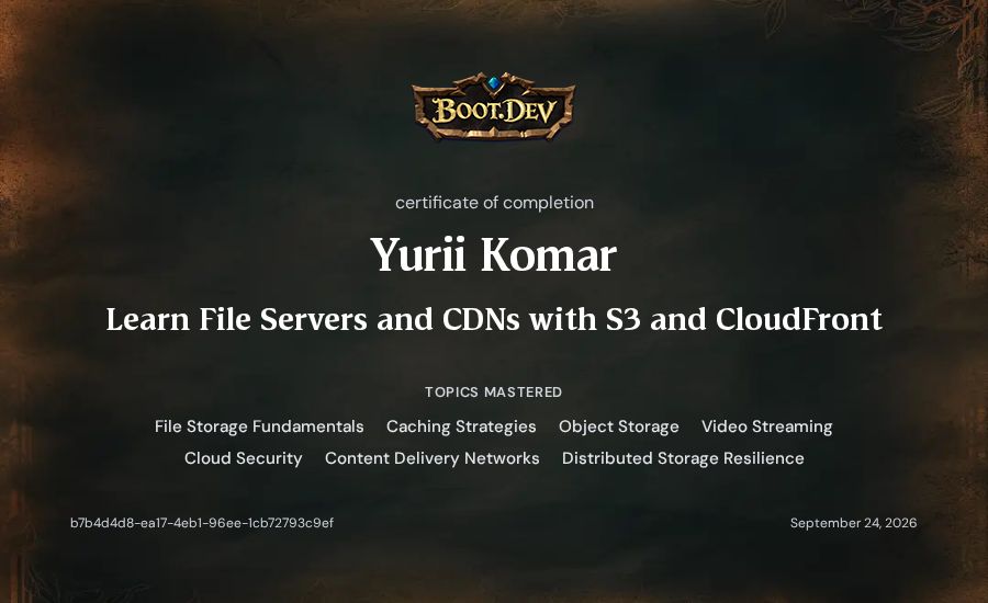 Yurii Komar's Boot.dev Learn File Servers and CDNs with S3 and CloudFront certificate
