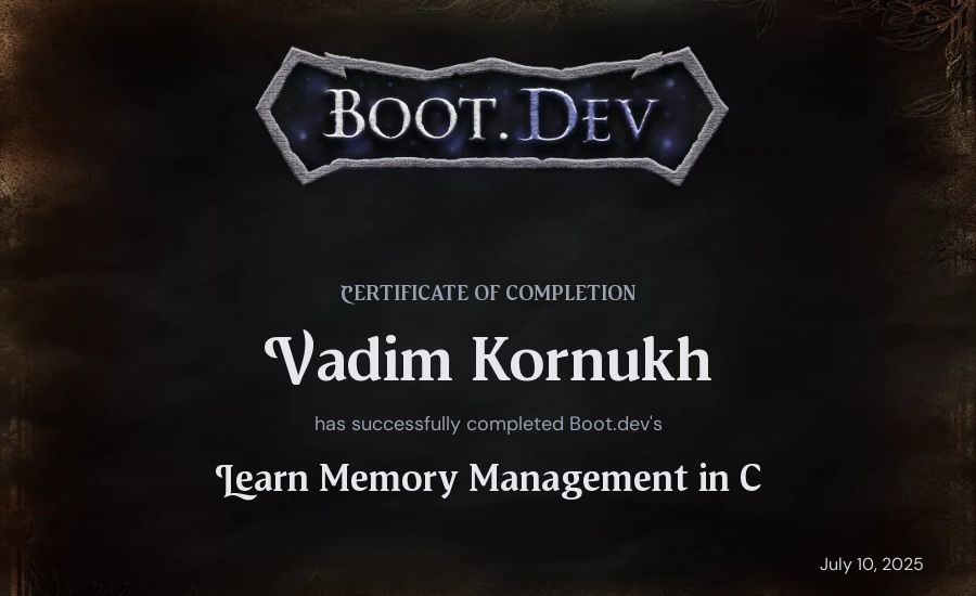 Vadim Kornukh's Boot.dev Learn Memory Management in C certificate
