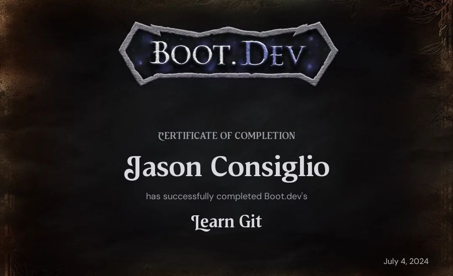Jason Consiglio's Boot.dev Learn Git certificate