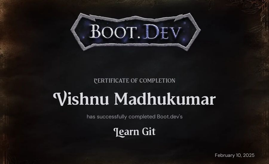 Vishnu Madhukumar's Boot.dev Learn Git certificate