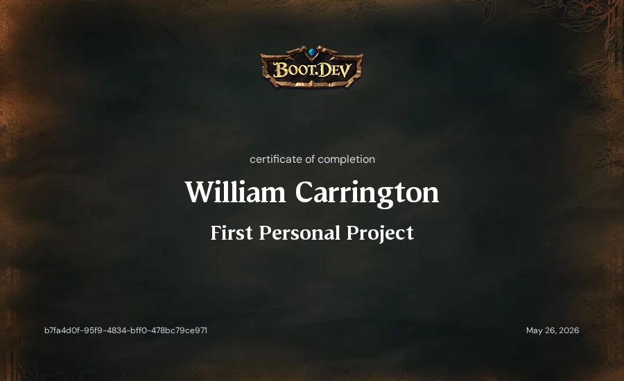 William Carrington's Boot.dev First Personal Project certificate