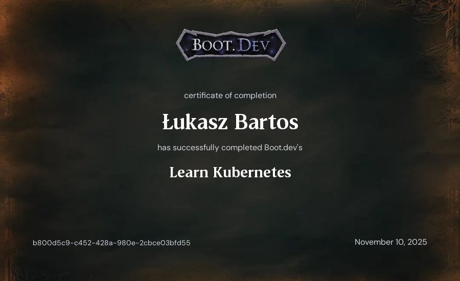 Łukasz Bartos's Boot.dev Learn Kubernetes certificate