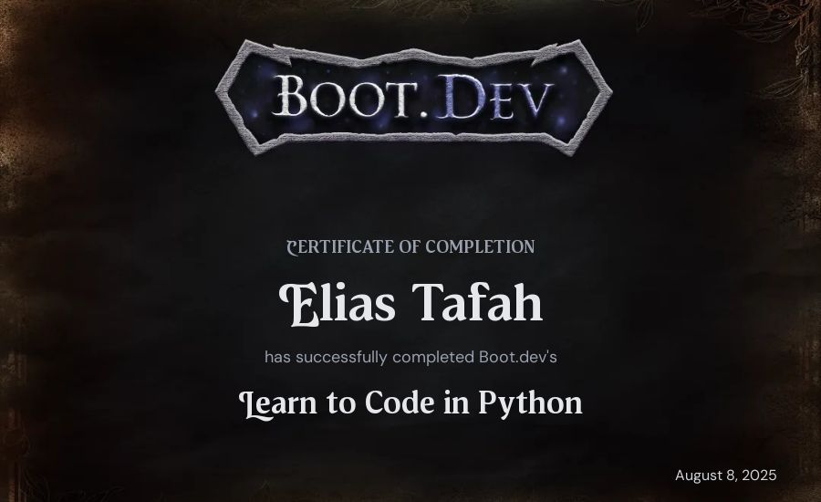 Elias Tafah's Boot.dev Introduction to Python Course certificate