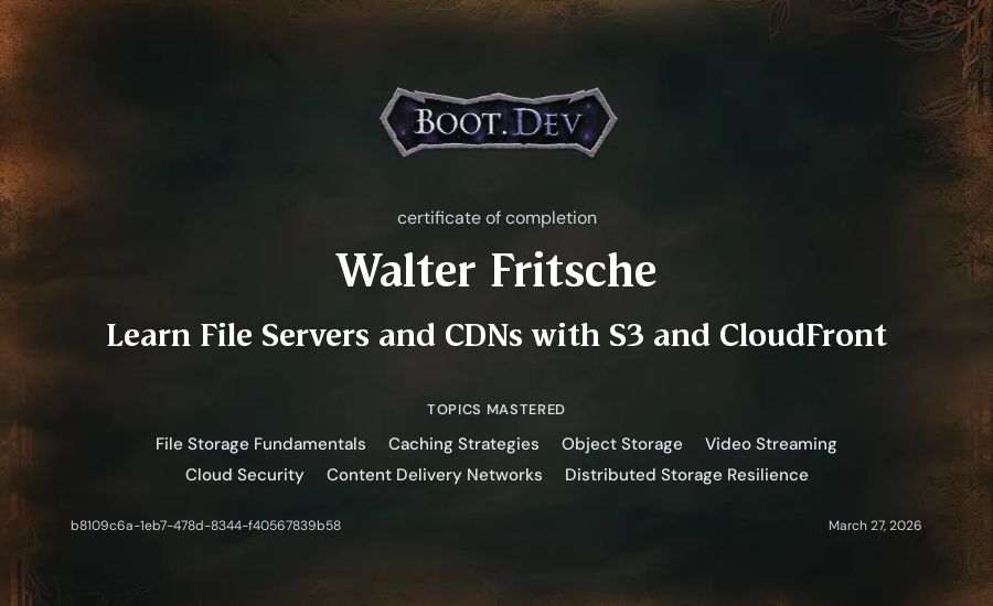 Walter Fritsche's Boot.dev Learn File Servers and CDNs with S3 and CloudFront certificate