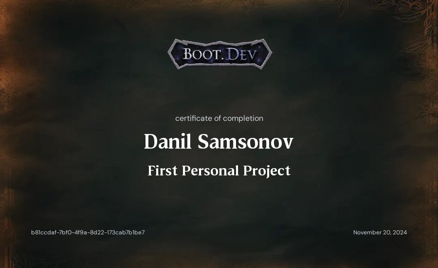 Danil Samsonov's Boot.dev First Personal Project certificate