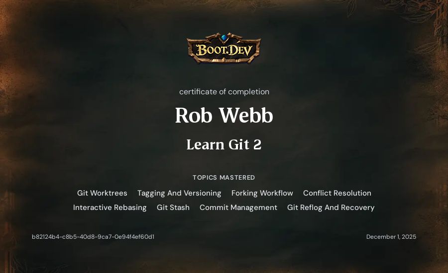 Rob Webb's Boot.dev Learn Git 2 certificate