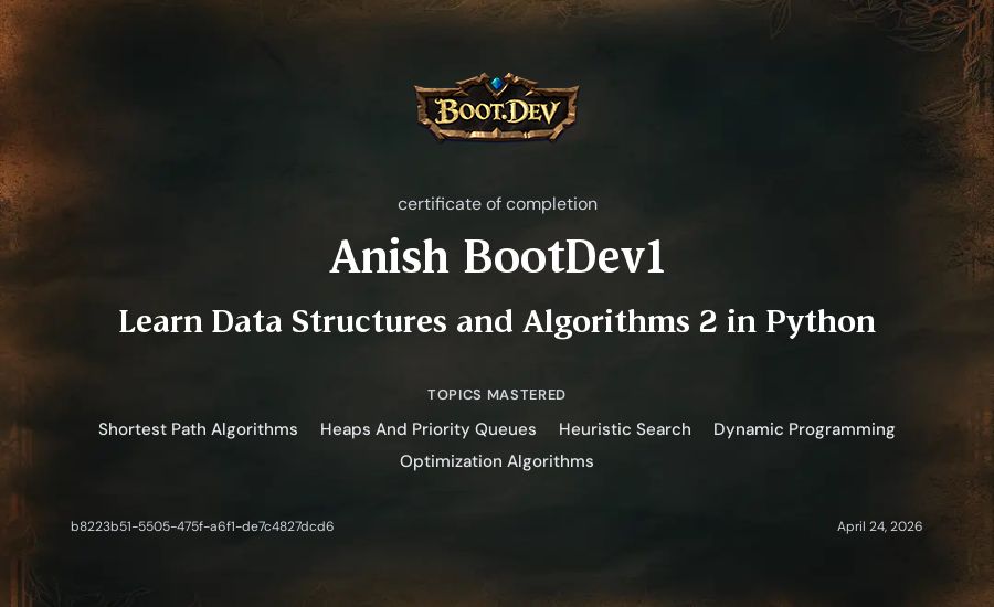 Anish BootDev1's Boot.dev Learn Data Structures and Algorithms 2 in Python certificate