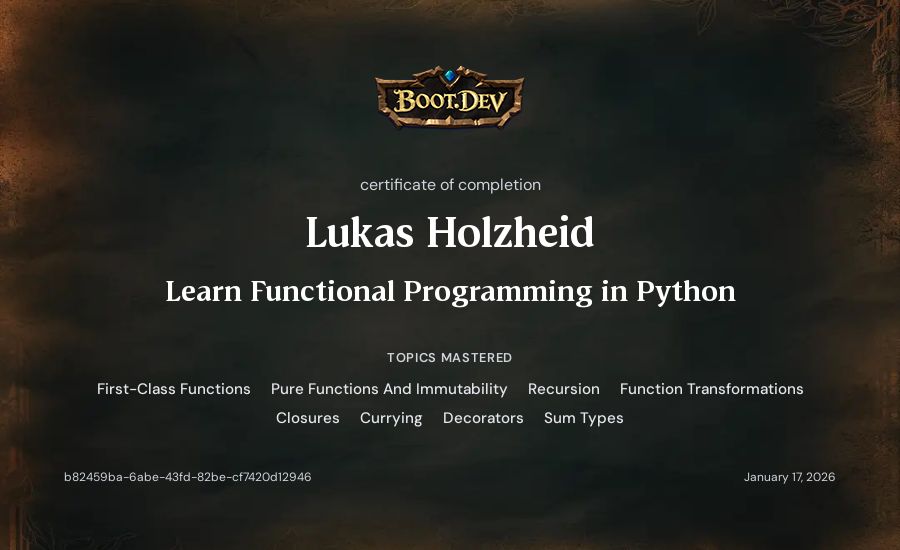 Lukas Holzheid's Boot.dev Learn Functional Programming in Python certificate