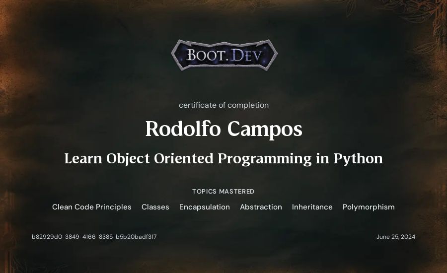Rodolfo Campos's Boot.dev Learn Object Oriented Programming in Python certificate