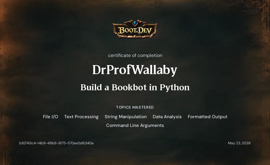 DrProfWallaby's Boot.dev Build a BookBot in Python certificate