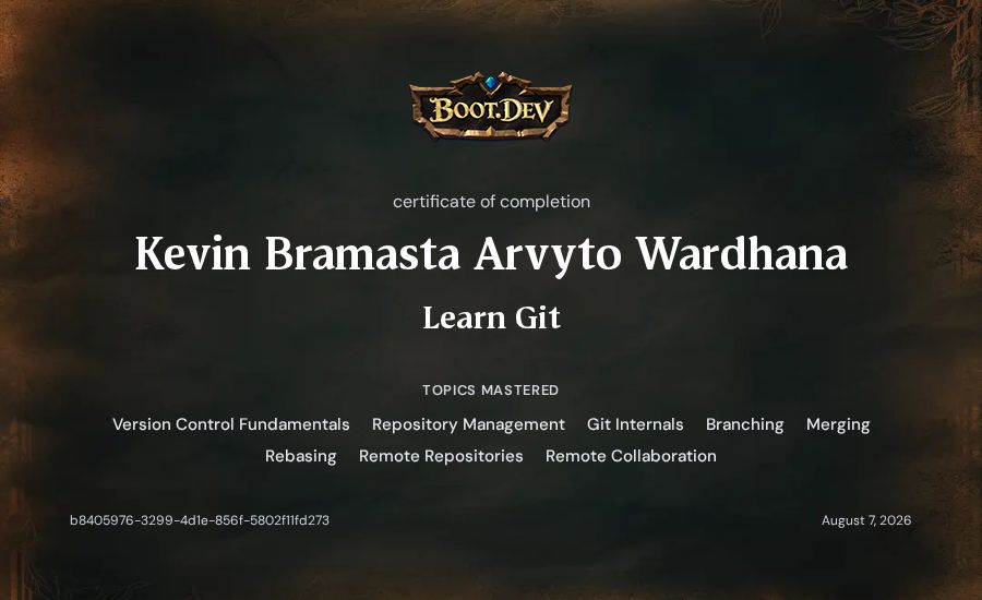 Kevin Bramasta Arvyto Wardhana's Boot.dev Learn Git certificate