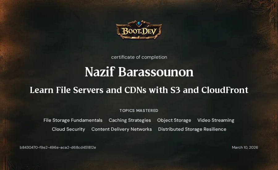 Nazif Barassounon's Boot.dev Learn File Servers and CDNs with S3 and CloudFront certificate