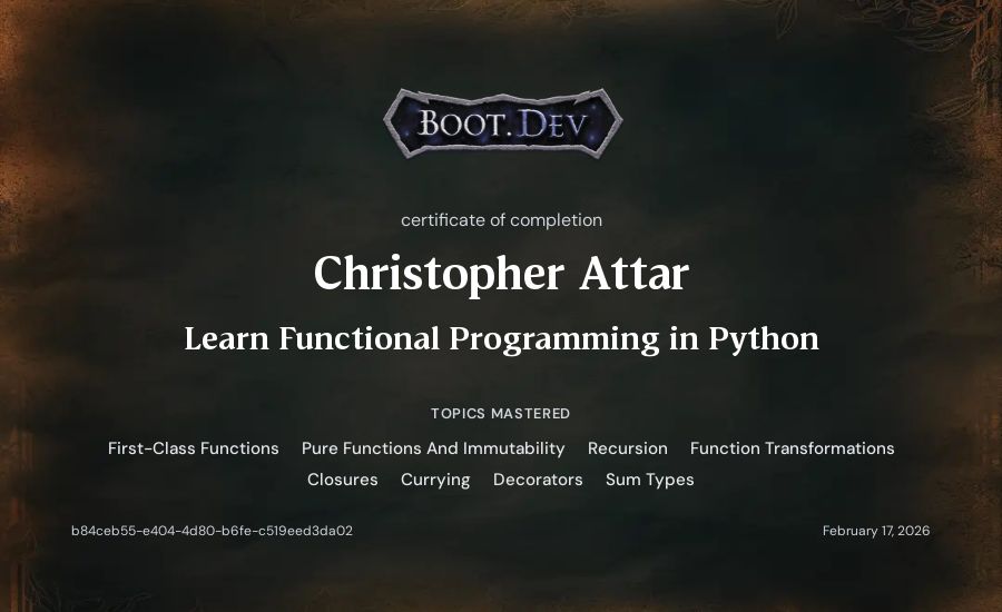 Christopher Attar's Boot.dev Learn Functional Programming in Python certificate