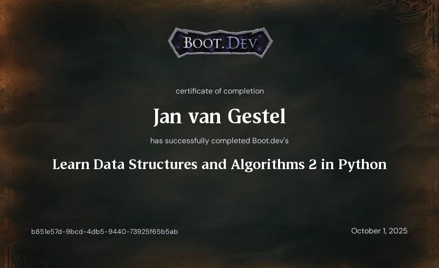 Jan van Gestel's Boot.dev Learn Data Structures and Algorithms 2 in Python certificate