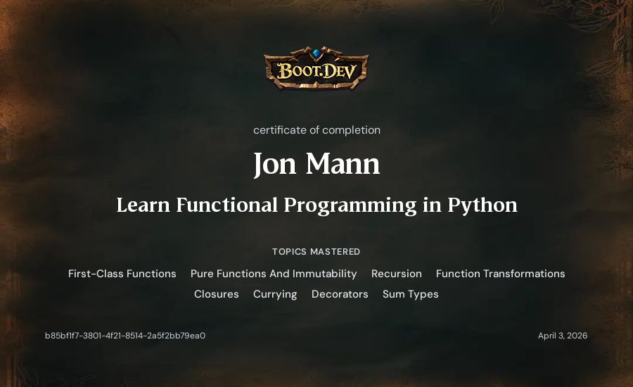 Jon Mann's Boot.dev Learn Functional Programming in Python certificate