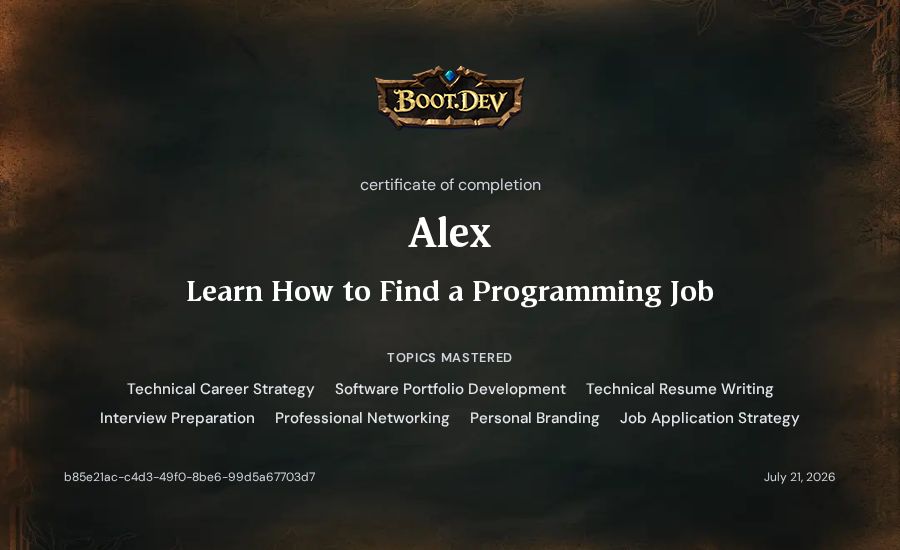 Alex's Boot.dev Learn How to Find a Programming Job certificate
