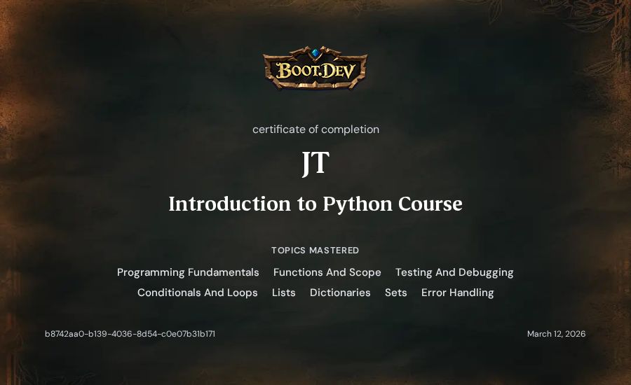 JT's Boot.dev Introduction to Python Course certificate