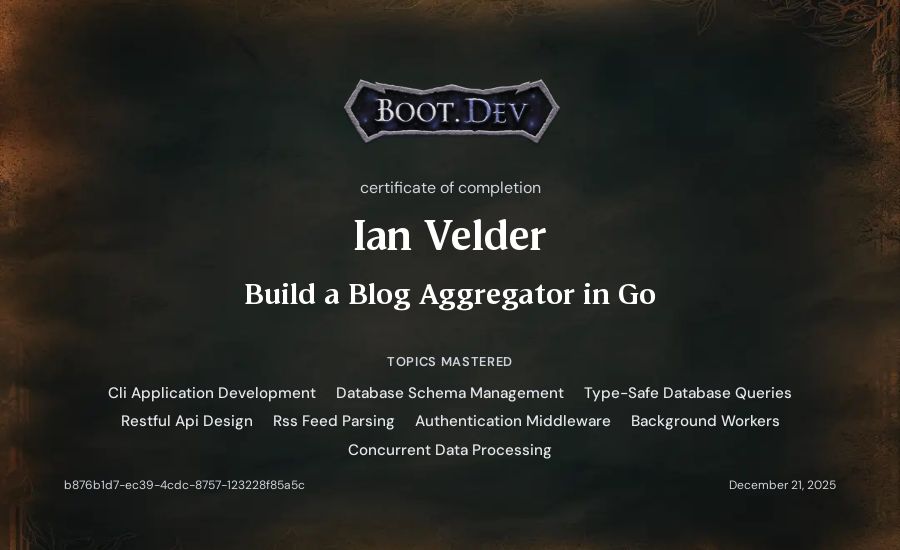 Ian Velder's Boot.dev Build a Blog Aggregator in Go certificate