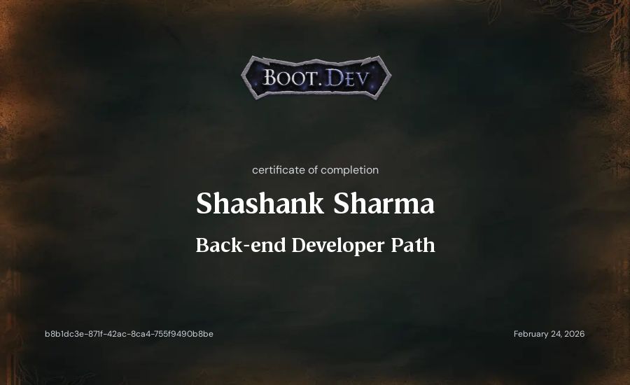 Shashank Sharma's Boot.dev Backend Developer Path (TypeScript) certificate