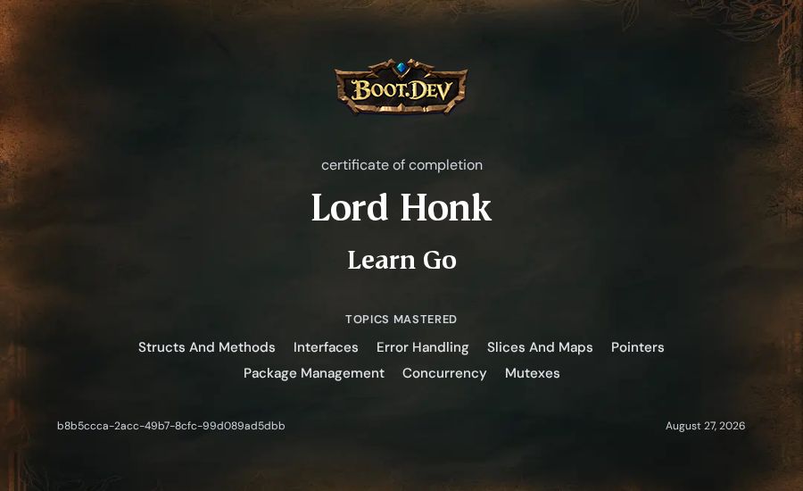 Lord Honk's Boot.dev Learn Go certificate