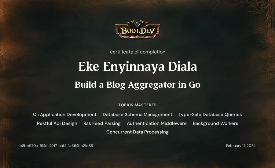 Eke Enyinnaya Diala's Boot.dev Build a Blog Aggregator in Go certificate