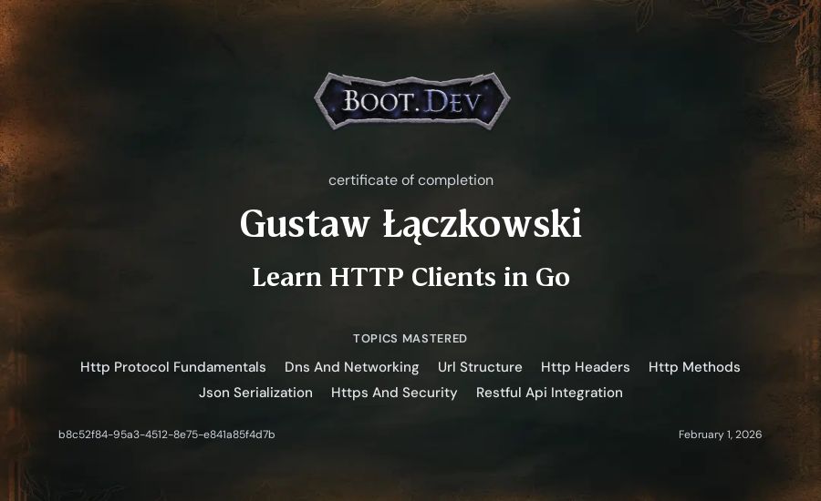Gustaw Łączkowski's Boot.dev Learn HTTP Clients in Go certificate