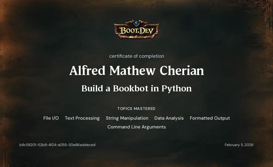 Alfred Mathew Cherian's Boot.dev Build a BookBot in Python certificate