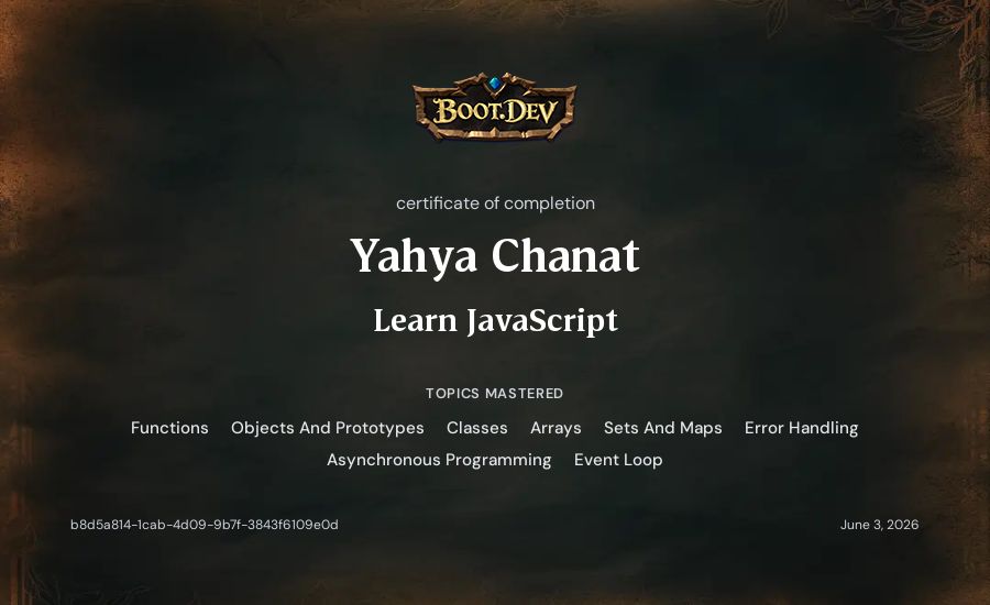 Yahya Chanat's Boot.dev Learn JavaScript certificate