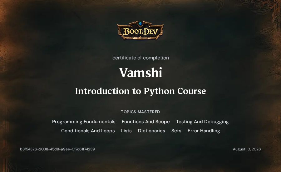 Vamshi Ponnala's Boot.dev Introduction to Python Course certificate
