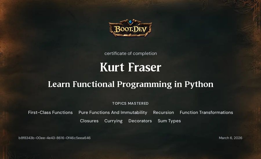 Kurt Fraser's Boot.dev Learn Functional Programming in Python certificate