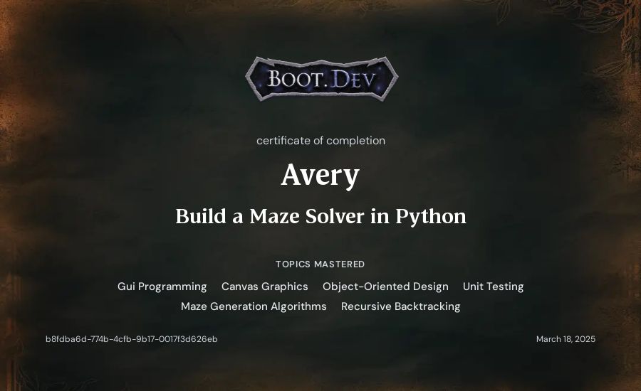 Avery's Boot.dev Build a Maze Solver in Python certificate