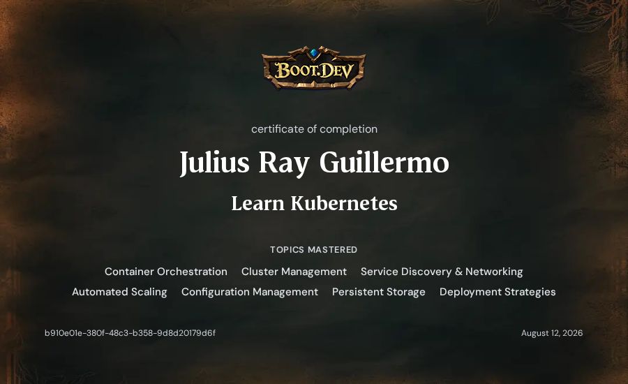 Julius Ray Guillermo's Boot.dev Learn Kubernetes certificate