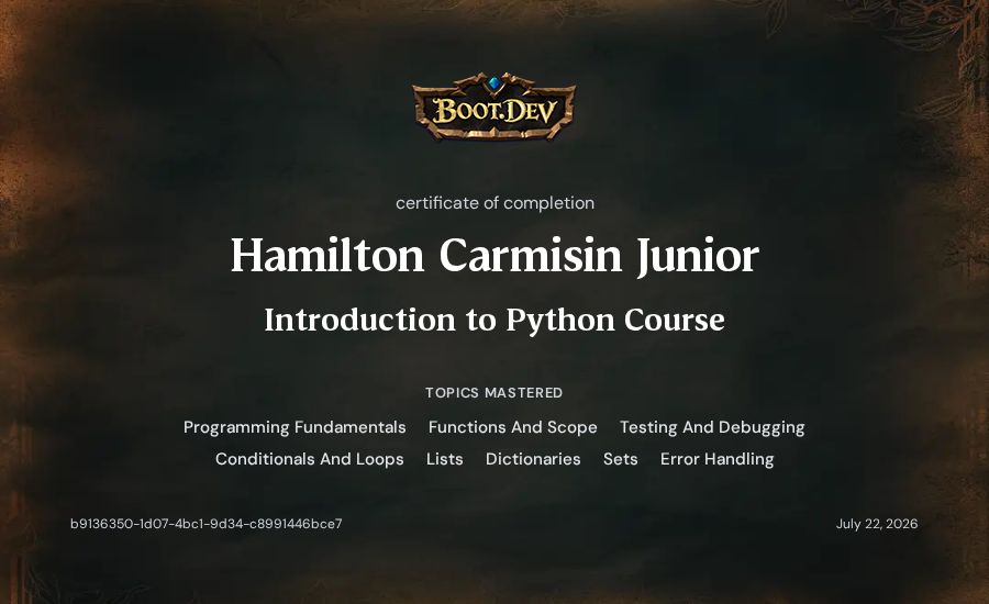 Hamilton Carmisin Junior's Boot.dev Introduction to Python Course certificate