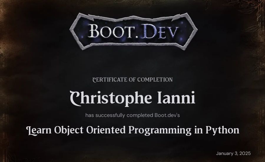 Christophe Ianni's Boot.dev Learn Object Oriented Programming in Python certificate