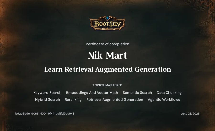 Nik Mart's Boot.dev Learn Retrieval Augmented Generation certificate