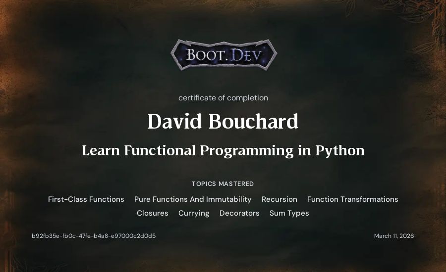 David Bouchard's Boot.dev Learn Functional Programming in Python certificate