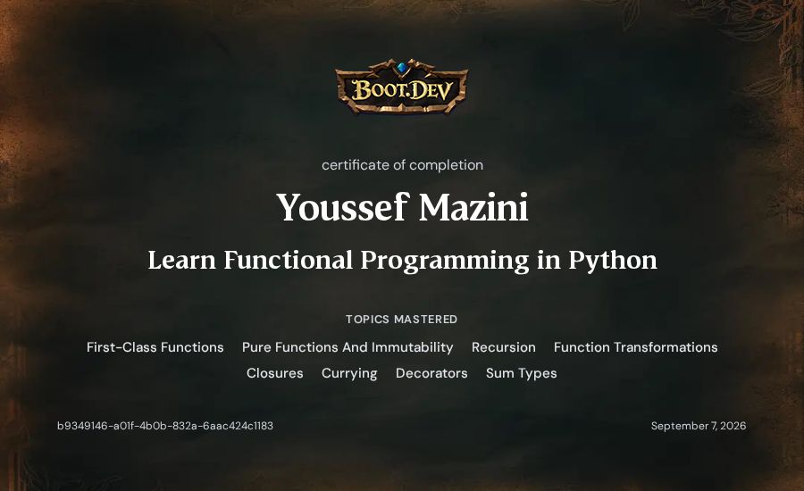 Youssef Mazini's Boot.dev Learn Functional Programming in Python certificate