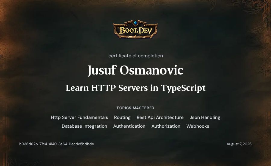 Jusuf Osmanovic's Boot.dev Learn HTTP Servers in TypeScript certificate