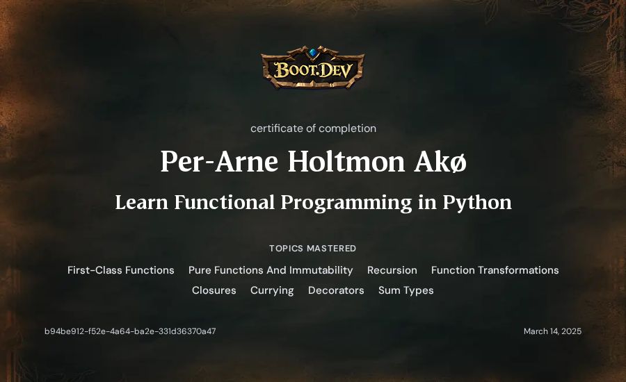 Per-Arne Holtmon Akø's Boot.dev Learn Functional Programming in Python certificate