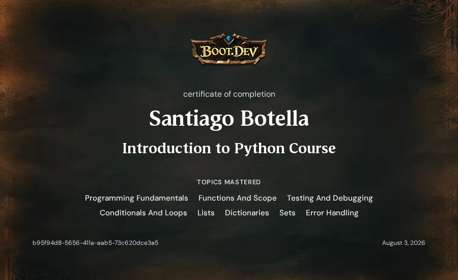 Santiago Botella's Boot.dev Introduction to Python Course certificate