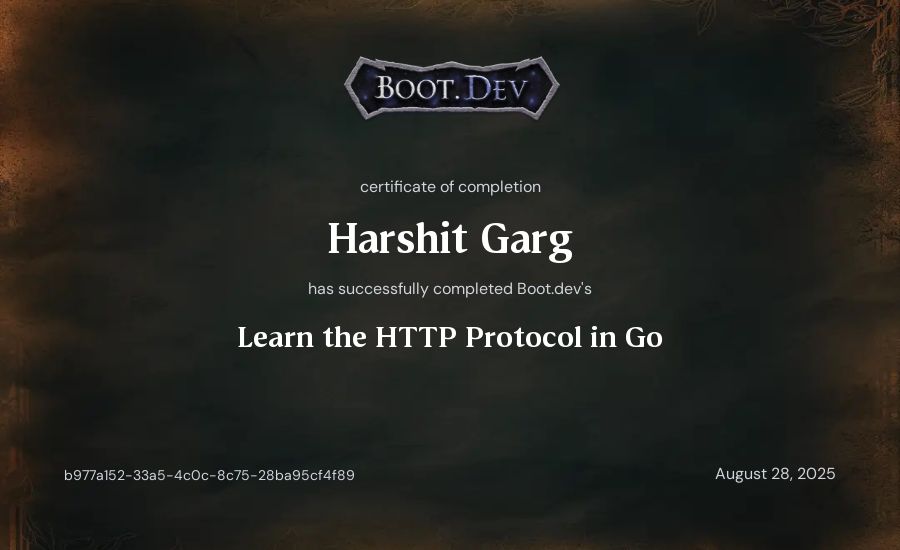 Harshit Garg's Boot.dev Learn the HTTP Protocol in Go certificate