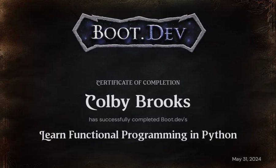 Colby Brooks's Boot.dev Learn Functional Programming in Python certificate