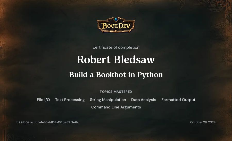 Robert Bledsaw's Boot.dev Build a BookBot in Python certificate