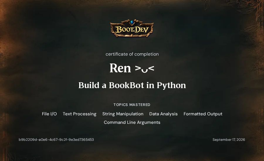 Ren >ᴗ<'s Boot.dev Build a BookBot in Python certificate