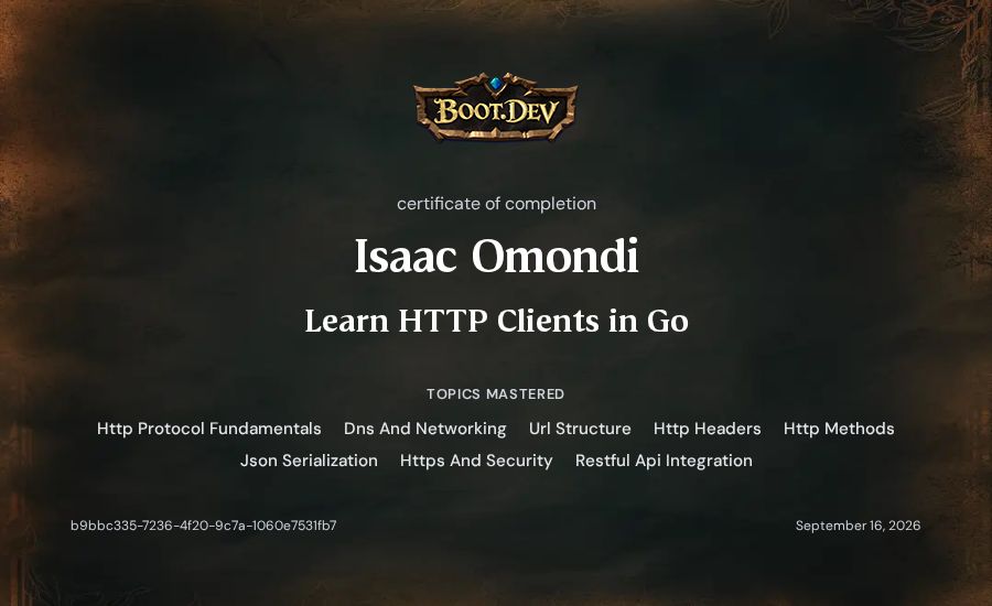 Isaac Omondi's Boot.dev Learn HTTP Clients in Go certificate