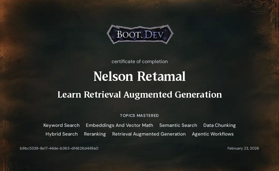 Nelson Retamal's Boot.dev Learn Retrieval Augmented Generation certificate