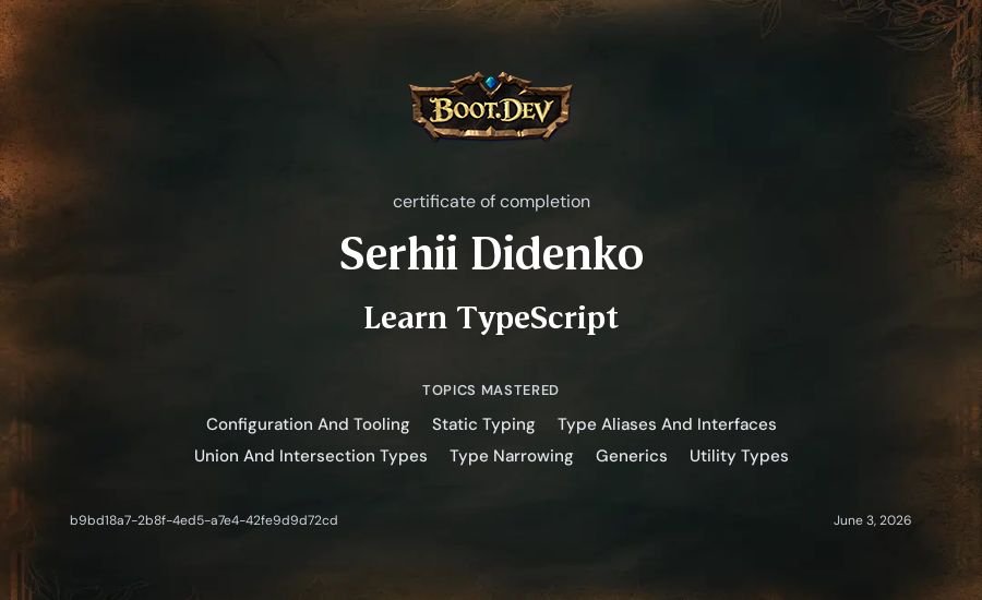 Serhii Didenko's Boot.dev Learn TypeScript certificate