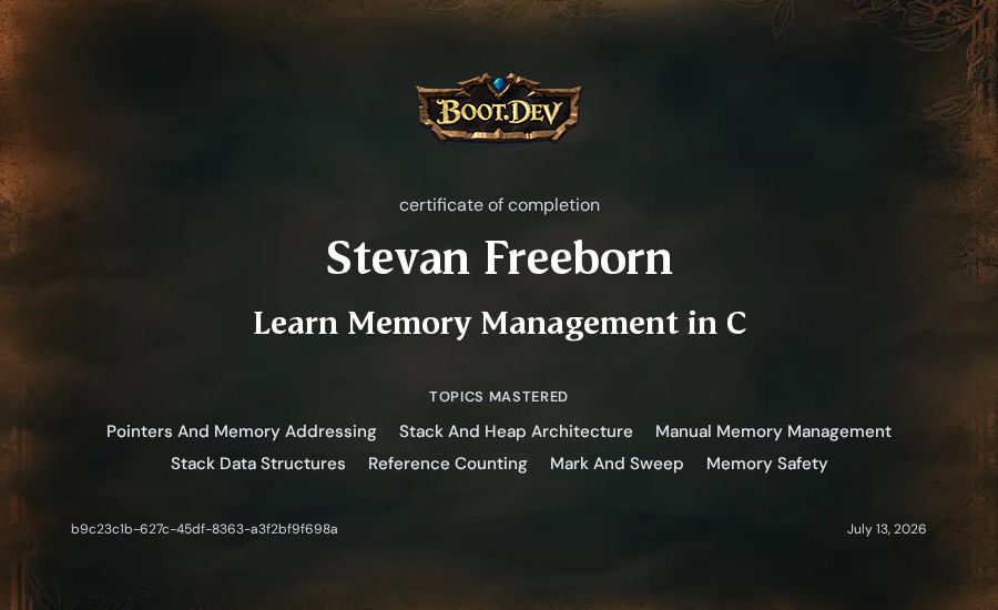 Stevan Freeborn's Boot.dev Learn Memory Management in C certificate