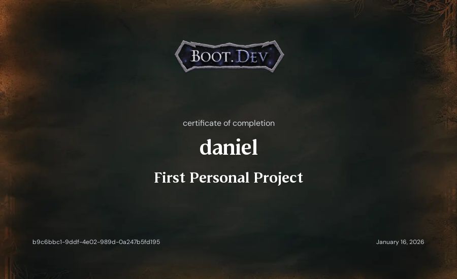 daniel's Boot.dev First Personal Project certificate